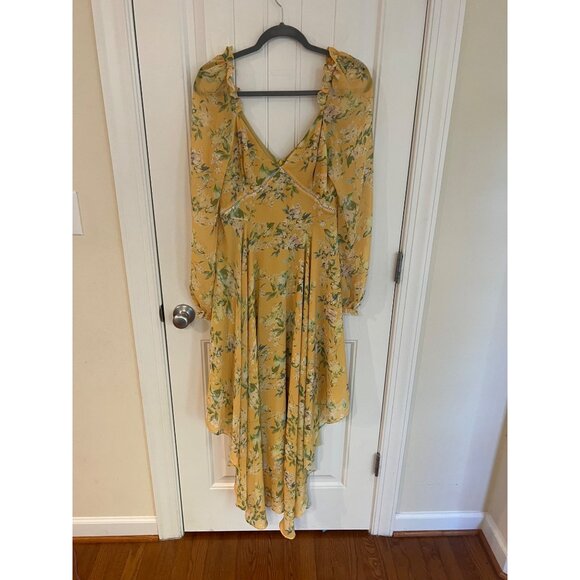 Sau Lee Georgia Long Sleeve V-Neck Floral Asymmetrical Hem Midi Dress Size 6‎ - Picture 3 of 8